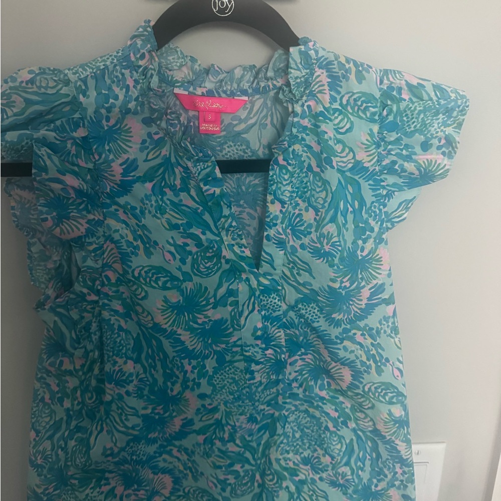 Lilly Pulitzer Aqua, Teal & Pink Floral Ruffle Sleeve Top